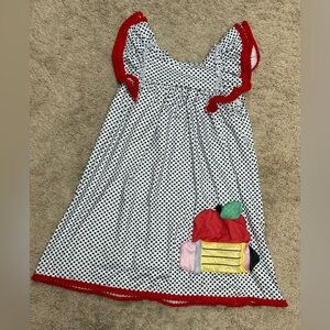 Toddler Polka Dot Dress with Red Pom Trim – Apple & Pencil Graphic – 4T-5T